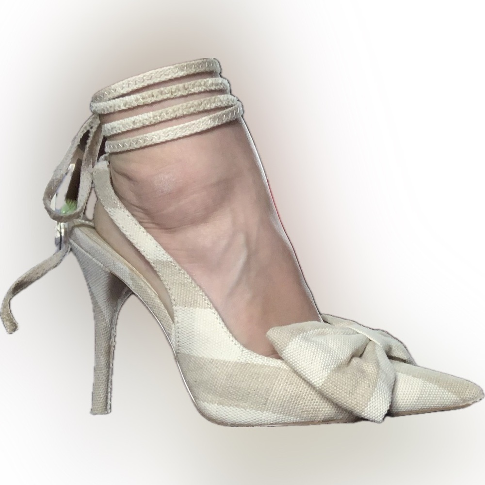 NWOT ASOS Ankle Wrap Cream Tan Gingham Check Bow Heels Pointed Toe Stiletto 8-9